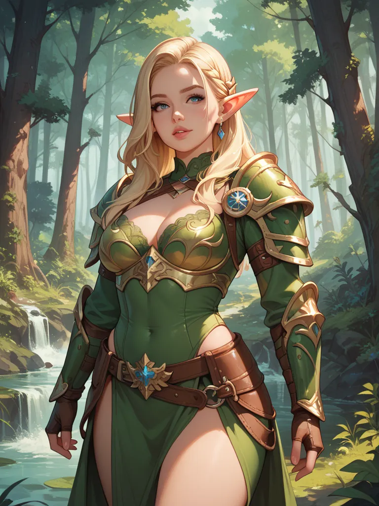 elf, Blonde girl, green clothes and leather armor, fantasy, Magic Forest background  [ covers half of the screen] Masterpiece,  Ultra quality,  no errors, perfect details. 