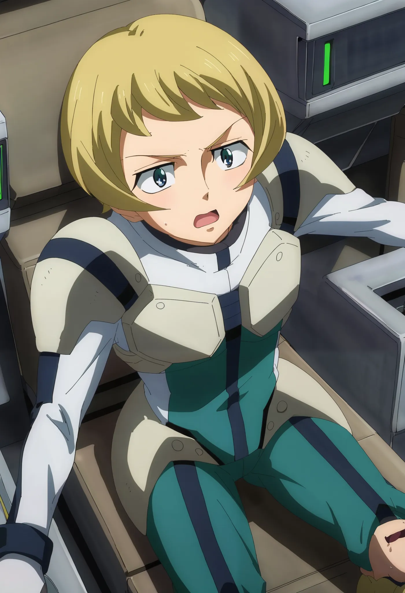 score_7_up ,anime coloring BREAK source_anime,anime,Juliet, 1girl ,Alone,blue eyes,blonde hair,short hair,pilot suit,、cockpit in the background、sitting in the cockpit、 、 is shouting with his mouth open,、泣き顔、口を開けて叫んでいる、口から涎が垂れている、

