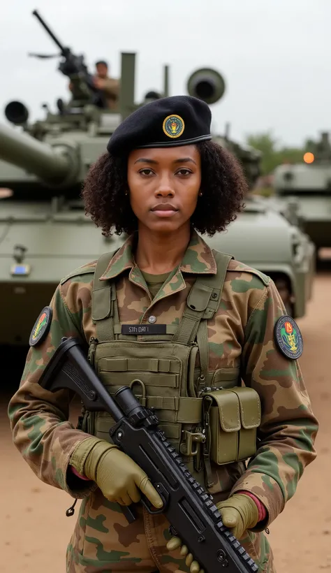 A stunning and elegant 20-year-old Ethiopian woman serving as an officer in the country’s elite armored tank unit, embodying confidence, strength, and leadership. Her striking facial features are defined by high cheekbones, deep brown eyes, and a poised ex...