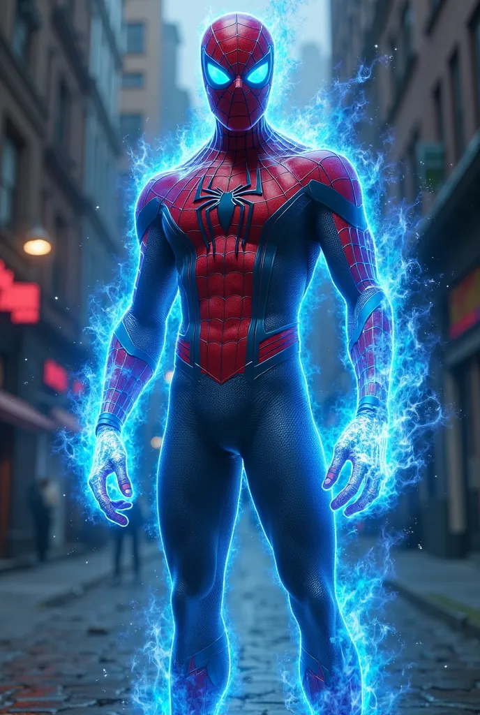 Spiderman with blue flames in his hand and eyes