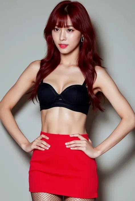 Seolhyun, red hair, bangs, ((black top bra)), red mini skirt, less cleavage, black fishnet leggings, hoop earrings, Makeup, hands on hips, Masterpiece, High Resolution, Accurate, High Details, Textured Skin, photography, poster, red platform high heels, Re...