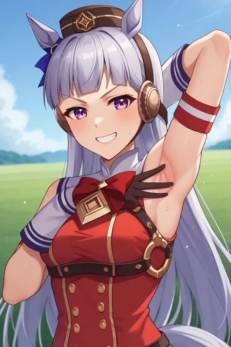 score_9, score_7_up, source_anime, detailed background, (upper body, medium shot:1.4), solo, 1girl,  gold ship umamusume, purple eyes, grey hair, horse ears, blunt bangs, long hair, pillbox hat, horse tail, red bow, armband, red dress, sleeveless dress, do...