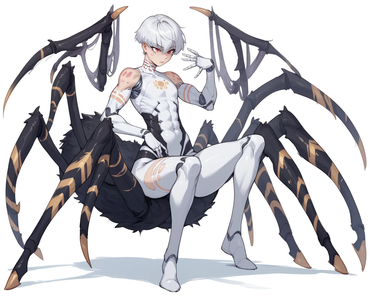 Androgynous character Cyborg ,  human torso short white hair,  spider body ,  spider legs white robot , torax gigante, 4 huge legs  