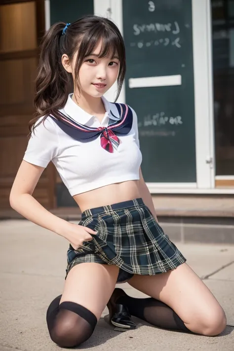 19 year old young face girl,(Side ponytail,fancy Hair ribbon),((school uniform cosplay)),(( stewart black tartan box mini pleated skirt)),(loafers and loosesocks),((flirtingly lifting her skirt to show her panties:1.3)),(striped panties)She shows us a litt...