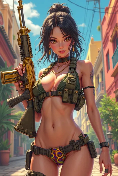 Anime girl with tactical gear in a bikini Mexican theme with a Gold Ak47