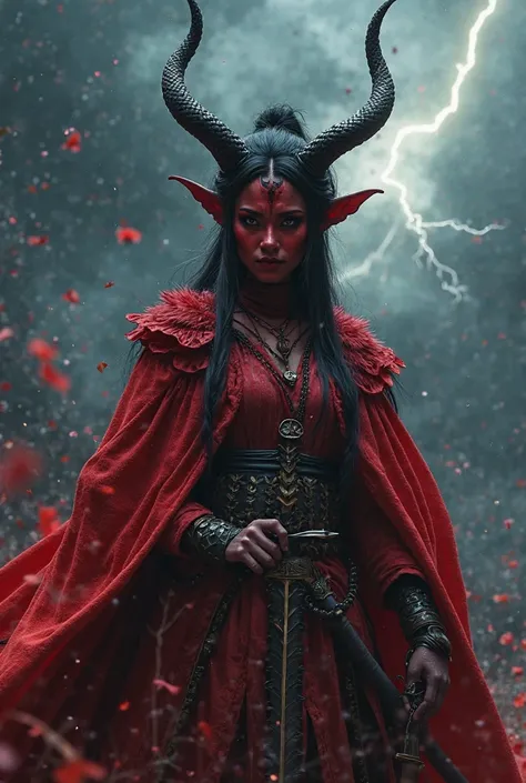 (   masterpiece:1.2, Top Quality), Realistic images and taken by a professional photographer,   extremely realistic , Genuine, 8k, Red-bodied demon, Muscle々The body of , Japan's magical horn grows from her head, costume made from wolf fur,   sharp eyes, ((...