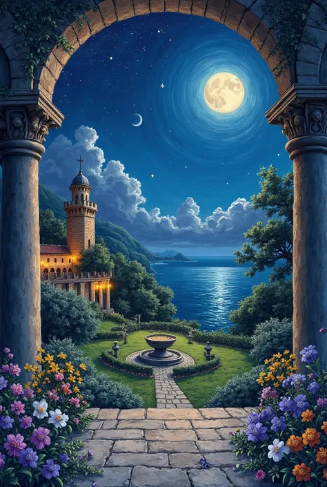 Draw vertically a night landscape with the moon in the sky, stars, with a view from a balcony of an open castle with medieval columns and little lights that overlooks a garden with violet flowers, yellow, pink and white, a bowl-shaped fountain and ornament...