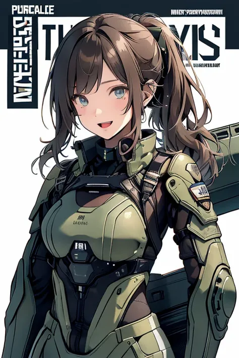 (from below:1.2, best quality ),1girl, solo, perfect, best quality, masterpiece, beautiful, pretty,female orbital drop shock trooper, green combat suit, futuristic body armor, large breasts, cleavage, cargo pants, long brown hair, ponytail, blue eyes, tact...