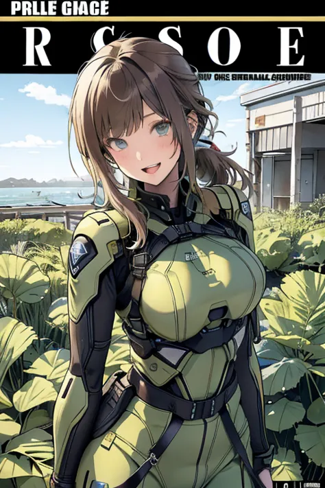 (from below:1.2, best quality ),1girl, solo, perfect, best quality, masterpiece, beautiful, pretty,female orbital drop shock trooper, green combat suit, futuristic body armor, large breasts, cleavage, cargo pants, long brown hair, ponytail, blue eyes, tact...