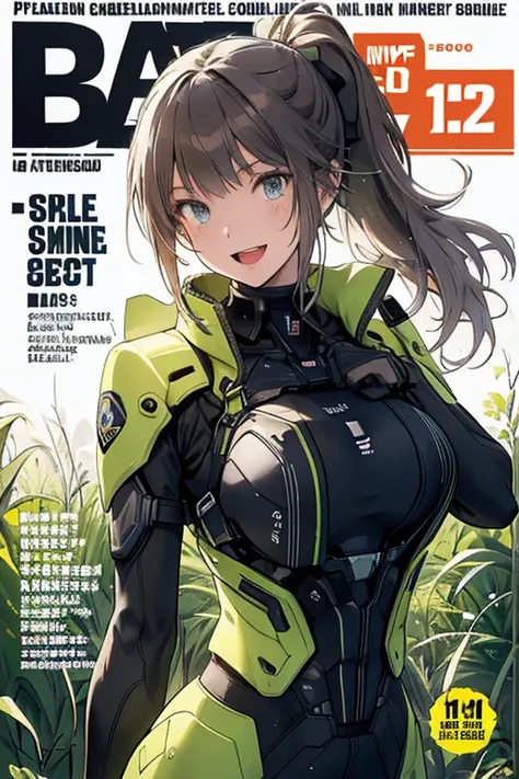 (from below:1.2, best quality ),1girl, solo, perfect, best quality, masterpiece, beautiful, pretty,female orbital drop shock trooper, green combat suit, futuristic body armor, large breasts, cleavage, cargo pants, long brown hair, ponytail, blue eyes, tact...