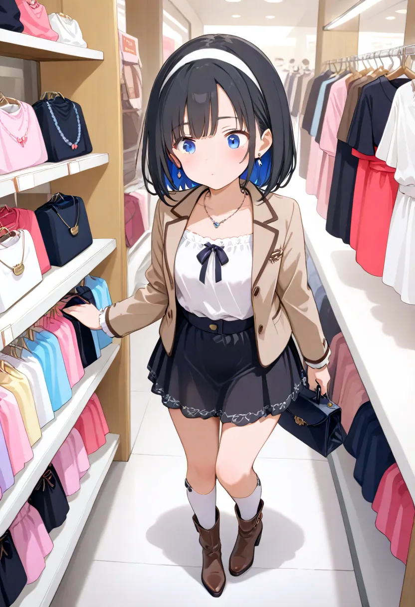 High quality, high image quality, more precise, girl, black hair, semi-long, fluffy inner color, blue eyes, brown jacket, white blouse, black fluffy skirt, headband, white knee-high socks, brown boots, necklace, earrings, cute clothes and picking up, kimon...