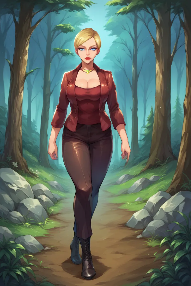 score_9,score_8_up,score_7_up BREAK, T-XSDXL,solo,1girl,short hair,blue eyes,blonde hair,cleavage,jewelry,jacket,leather pants,black boots,necklace,lips,formal,suit,lipstick, forest, night