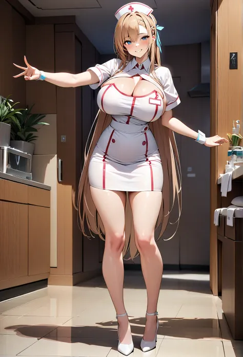 ((masterpiece)), Highest quality, Very detailed,(One Girl),Yuki Asuna、Asuna (stay),  Standing woman　Put on clothes completely　Big Breasts　 nurse clothes　miniskirt　in high heels　Whole body shot　smile　Let's pick up a lost thing gesture　 shot from behind　