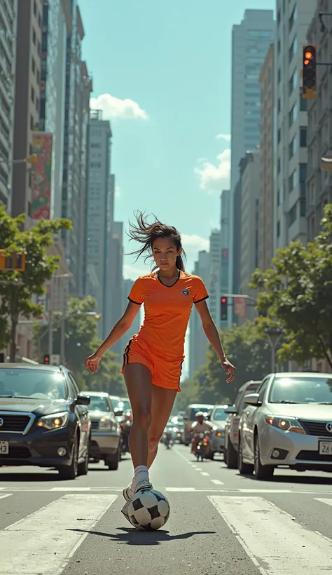 An attractive 19-year-old Brazilian woman plays soccer in rush hour in the middle of a busy intersection.