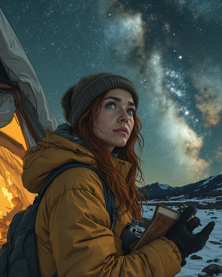 Ultra-photorealistic National Geographic portrait of a 24-year-old female adventurer-astronomer (chestnut hair, glacier-blue eyes, wind-chapped cheeks) in a Canada Goose Crofton Puffer jacket, waist-up low-angle shot. She stands outside her White Duck Rega...