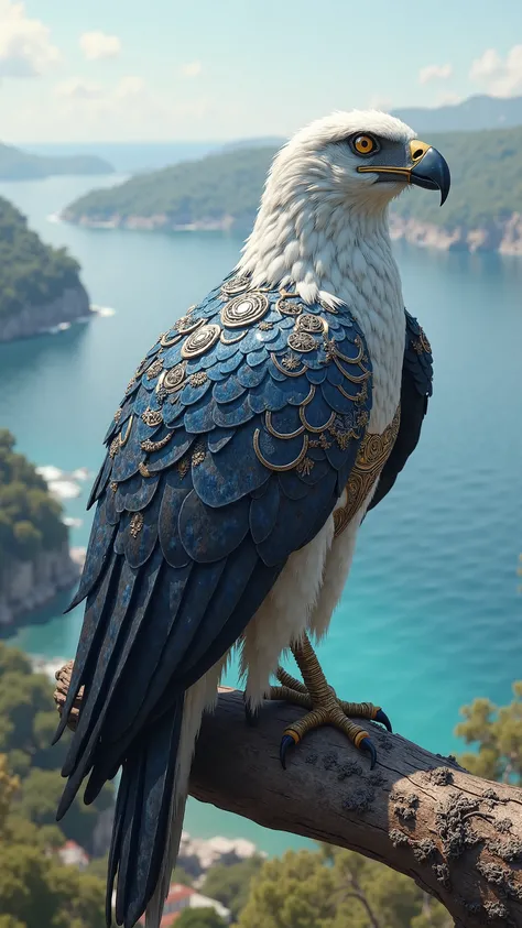 beautiful and realistic giant eagle perched on a branch off the Adriatic coast, giant eagle wearing blue and white armor　spectacular ocean and spectacular nature in the background　Biggest live-action　Best Picture Quality　The highest pixel 　high resolution,...