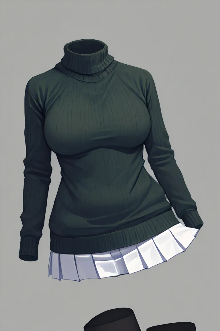 NoBody , transparent , invisible person , from below , Masterpiece , rich contrast , detailed image , perfection , Highest quality , 4K , high resolution , (one girl:1.4) , big breasts , (Dark green long-sleeved sweater:1.5) , (White pleated mini-skirt:1.5...