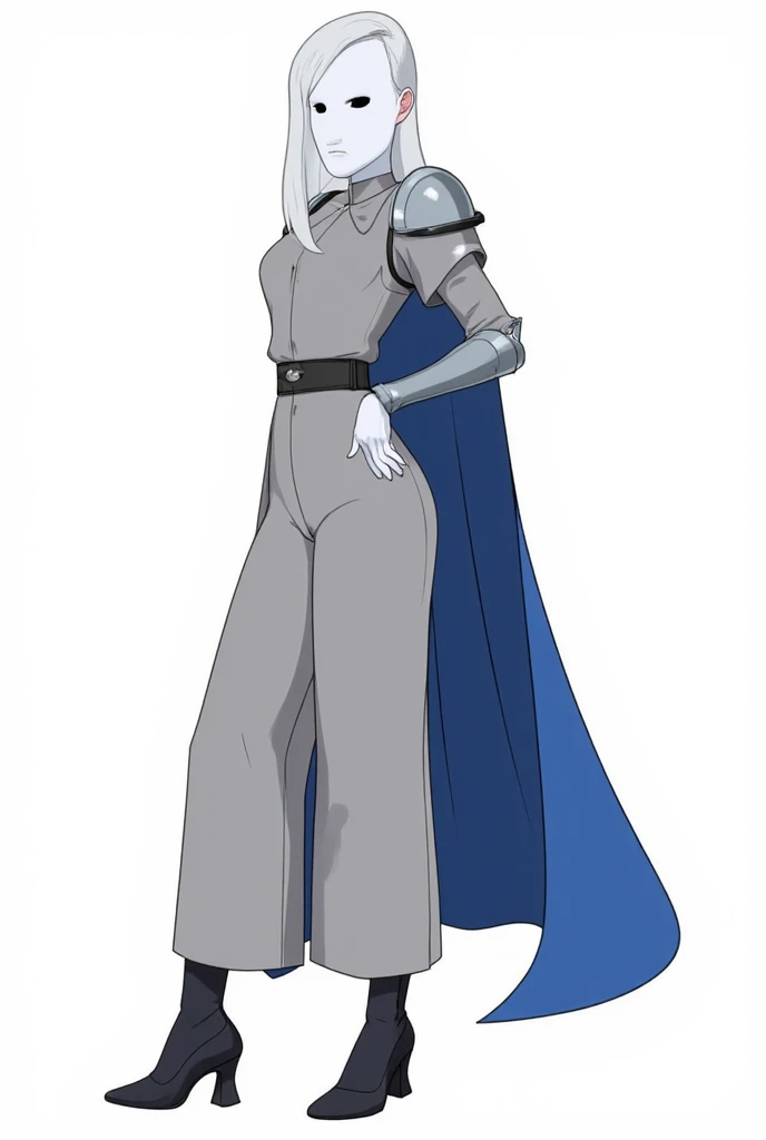 (1female, solo) faceless, white mask \(white face mask, black eyes/) grey hair, grey clothing bodysuit, open wide trousers pants, pants touch boots, white gloves, black heels boots, blue long cape, cape covering whole body, shoulders armors, cape touch the...