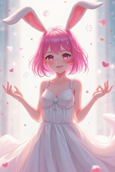  Female character , anime,  pink hair,  rabbit ears ,  white dress, gesturing with your fingers