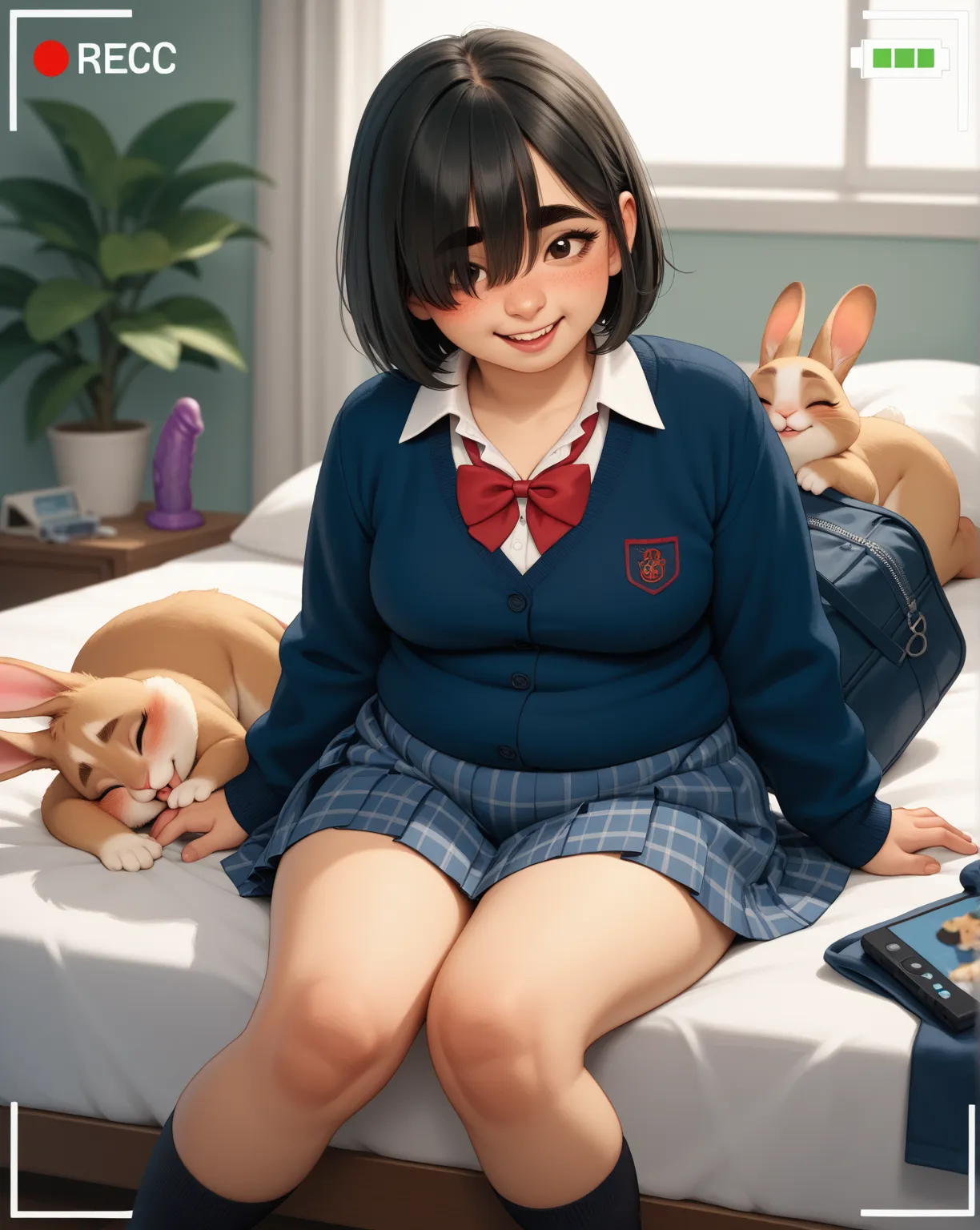 (furry rabbit:0.9), girl , skinny , bob cut , beautiful hair over the eyes , Long eyelashes , Thick eyebrows , Double eyelids , Overbite , Sloping shoulders
, school uniform , jumper skirt , bra , panty
, bold pose , coquettish , sexsymbol , lesbian , body...