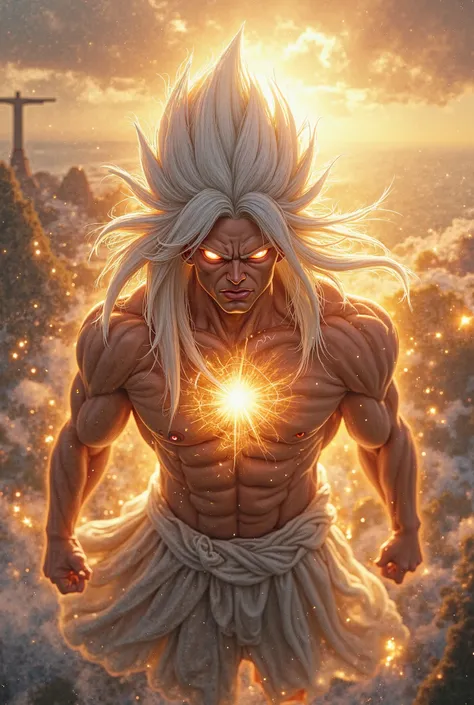 "A full-body super-realistic warrior being seen from above, with long shiny white hair flowing in the style of the anime Dragon Ball, intense red eyes and a determined expression. His muscular body is covered with white hair except on the chest that the sk...