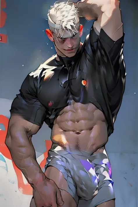 Hot tall Russian muscular very young tall man with muscular physique ((with albino pale white skin)) with ((short white hair)) He is sweaty flexing his muscles like a Greek God. ((He has a big lats, big biceps and big pecs with small waist and big back)). ...