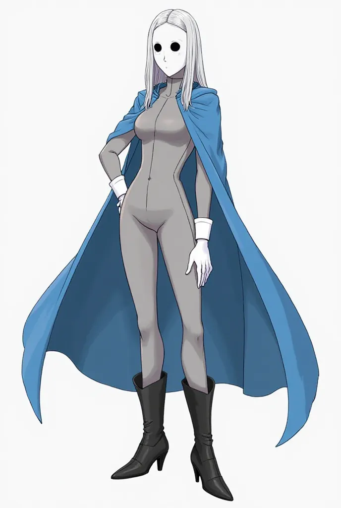 (Solo) 1girl, faceless, mask \(white face mask, black eyes/) grey hair, long hair, blue long cape, \(cape covering full body/), white gloves, grey clothing bodysuit, black heels boots, wide open trousers pants, pants touching boots, used cape to covered, c...