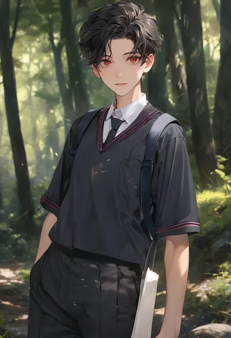 Masterpiece,  high resolution ,excellent quality , 17-year-old man , black hair,  RED EYES , Short Hair ,   Attractive face  , school uniform ,  in the woods .