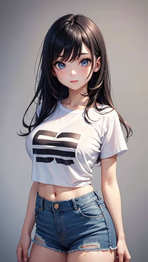 Beautiful and Cute Girl, Great Slim, Beautiful Face, Beautiful Eyes, Big Breasts , Very Long Black Hair, White T-shirt, Denim Shorts, Standing, ultra - detailed, A high resolution, quality, ultrasharp, 8K, masterpiece, best quality, detailed, medium full s...