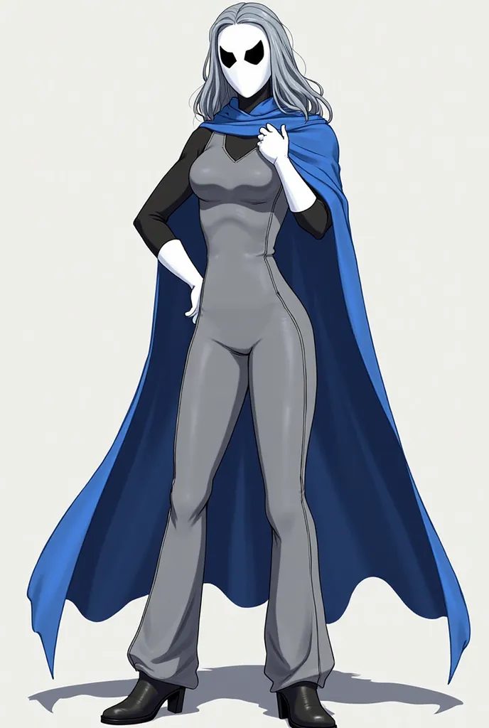 (Solo) faceless, mask \(white face mask, black eyes/) grey hair, long hair, blue long cape, \(cape covering full body/), white gloves, grey clothing bodysuit, black heels boots, wide open trousers pants, pants covered boots, used cape to covered, cartoon s...