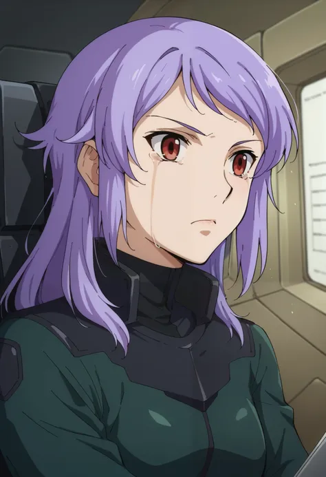 ,score_4_up ,anime coloring BREAK source_anime,anime,anew, 1girl ,Alone,red eyes,purple hair,long hair,pilot suit、is the cockpit in the background、sitting in the cockpit、 crying face、