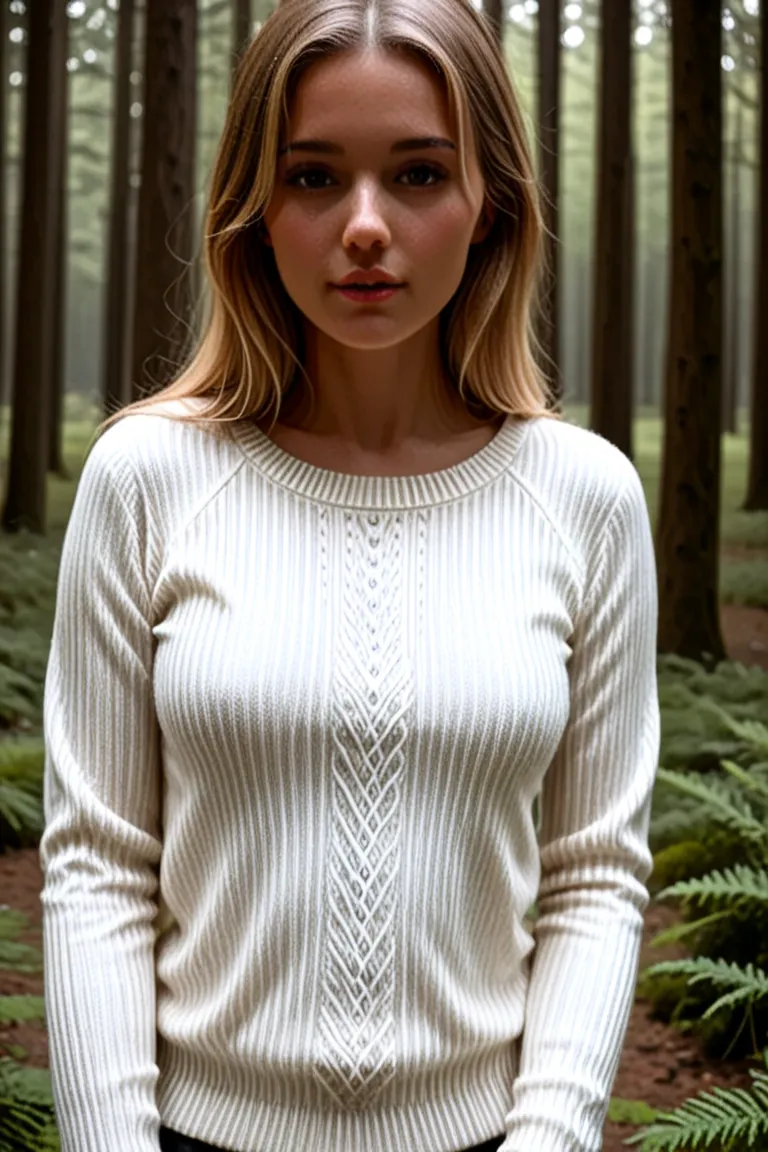 closeup headshot of S215_LilyaBraun,a beautiful woman,in a (forest:1.1),wearing a (sweater:1.1),(8k, RAW photo, best quality, depth of field, ultra high res:1.2),(absurdres, intricate, photorealistic, masterpiece, ultra-detailed:1.3),