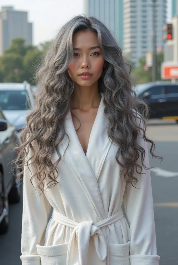 Extremely photorealistic beautiful youthful looking Chinese woman a sexy beautiful youthful looking Chinese as a 50 years old wom an supermodel long curly comple tely gray hair in a big curls styles her graying hair complements her mature yet youthful appe...