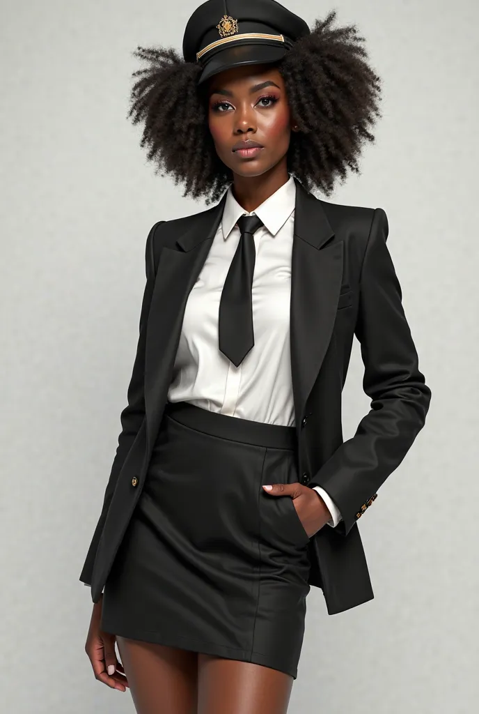 sexy Black woman with Afro in matching black blazer and miniskirt, white shirt, tie, and pilot's cap