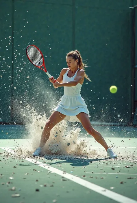 Tennis player doing a serve that breaks the floor and breaks it