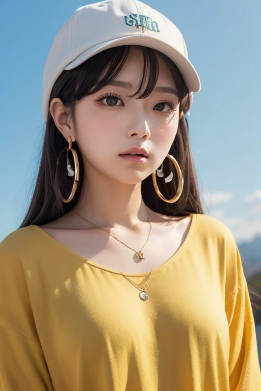  ski style, miku  has sune, Masterpiece,  best quality ,  1 girl, ,   aqua eyes,  cap,  Closed Her Mouth ,  earrings,  has , hoop  earrings,   jewelry,  Look at the Viewer ,  shirt,   simple background, Alone,  upper body, yellow  shirt