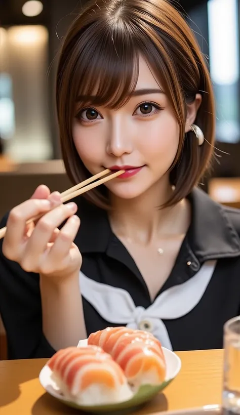 12K、high resolution、    Japanese、   bit depth 10 bit     、  black collar shirt  、At a sushi restaurant、Eating tuna nigiri、Eat sushi、I'm holding sushi with chopsticks、With a big mouth、 with hair tied up、(    exists  ,   photo   exists  :1.4),  masterpiece, ...