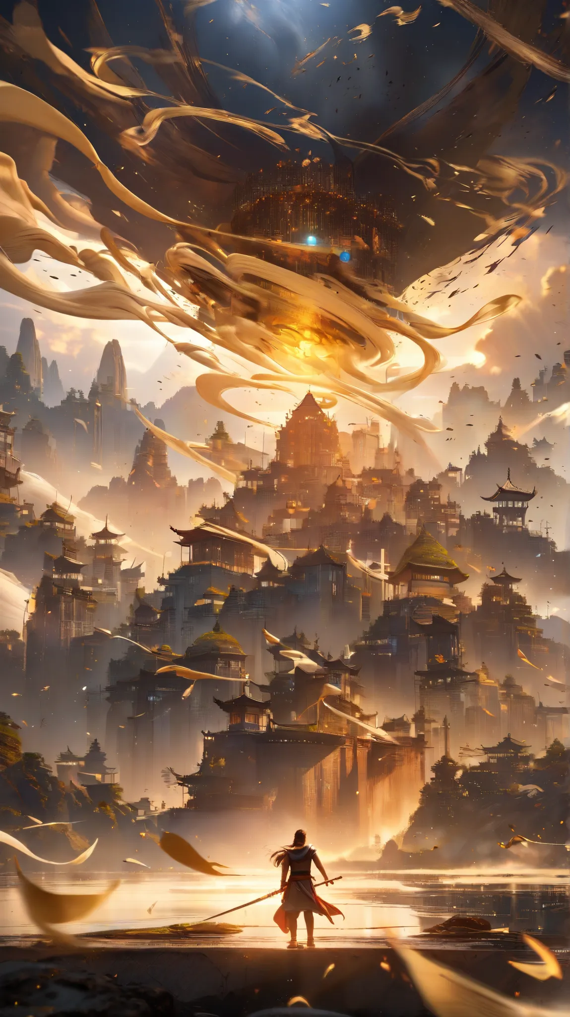 “A breathtaking fantasy scene of two ancient Chinese warriors in flowing traditional robes walking on massive floating scrolls covered in intricate calligraphy. The scrolls twist and spiral through the air, creating a surreal and mystical atmosphere. Warm ...