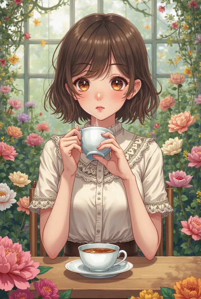 Manhwa comic panel, a young white girl with short brown hair and brown eyes, wearing an elegant short-sleeved shirt with lace and lenses, while drinking tea in a tea house in a greenhouse full of different types of flowers 