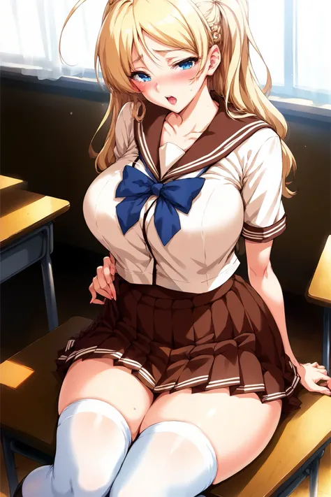 score_9, score_8_up, score_7_up, 1girl, long staright hair, blonde hair, blue eyes, curtained, curvy body, sailor style, pleated skirt, classroom, blush, moan, horny, slutty, solo, thigh high sock,high quality,easynegative, solo