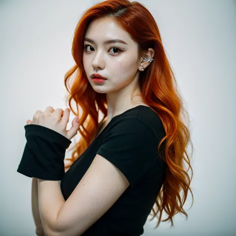 a woman with hair and piercings on her arm, long hair, earrings, parted lips, orange hair, lips