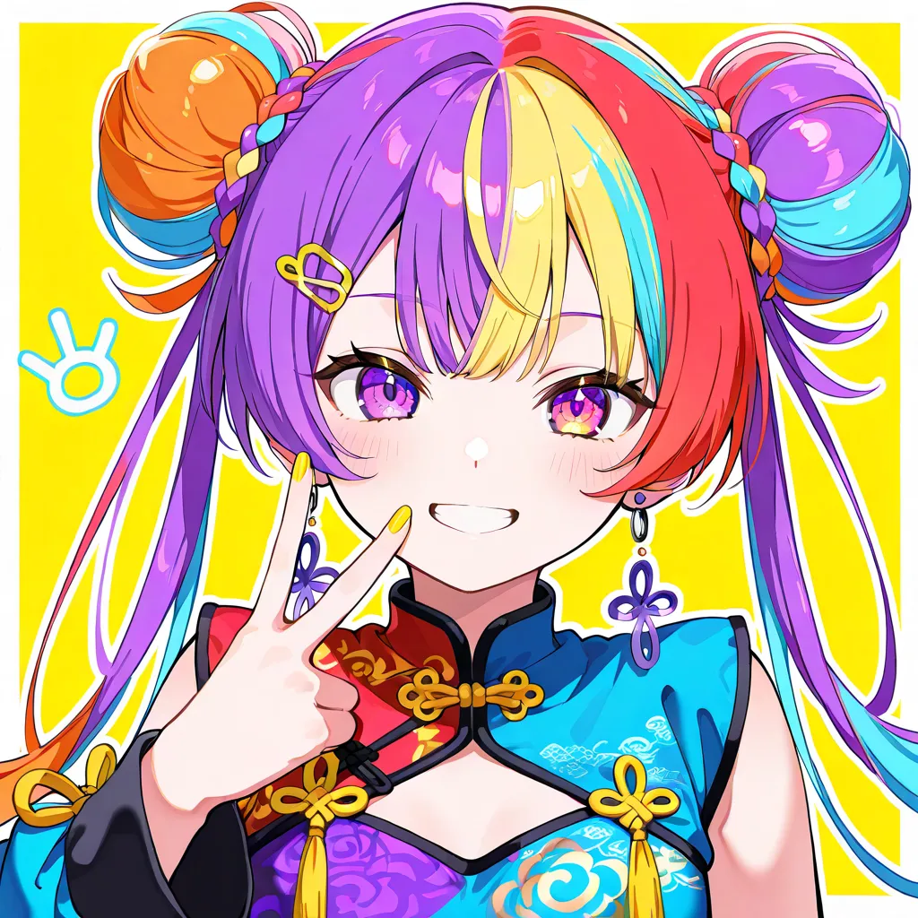  colorful hair（right hair red or orange　Left hair is blue or purple　bangs etc. are yellow）　twin tails　 purple eyes　Chinese clothes　makes me grin　Peace sign in hand