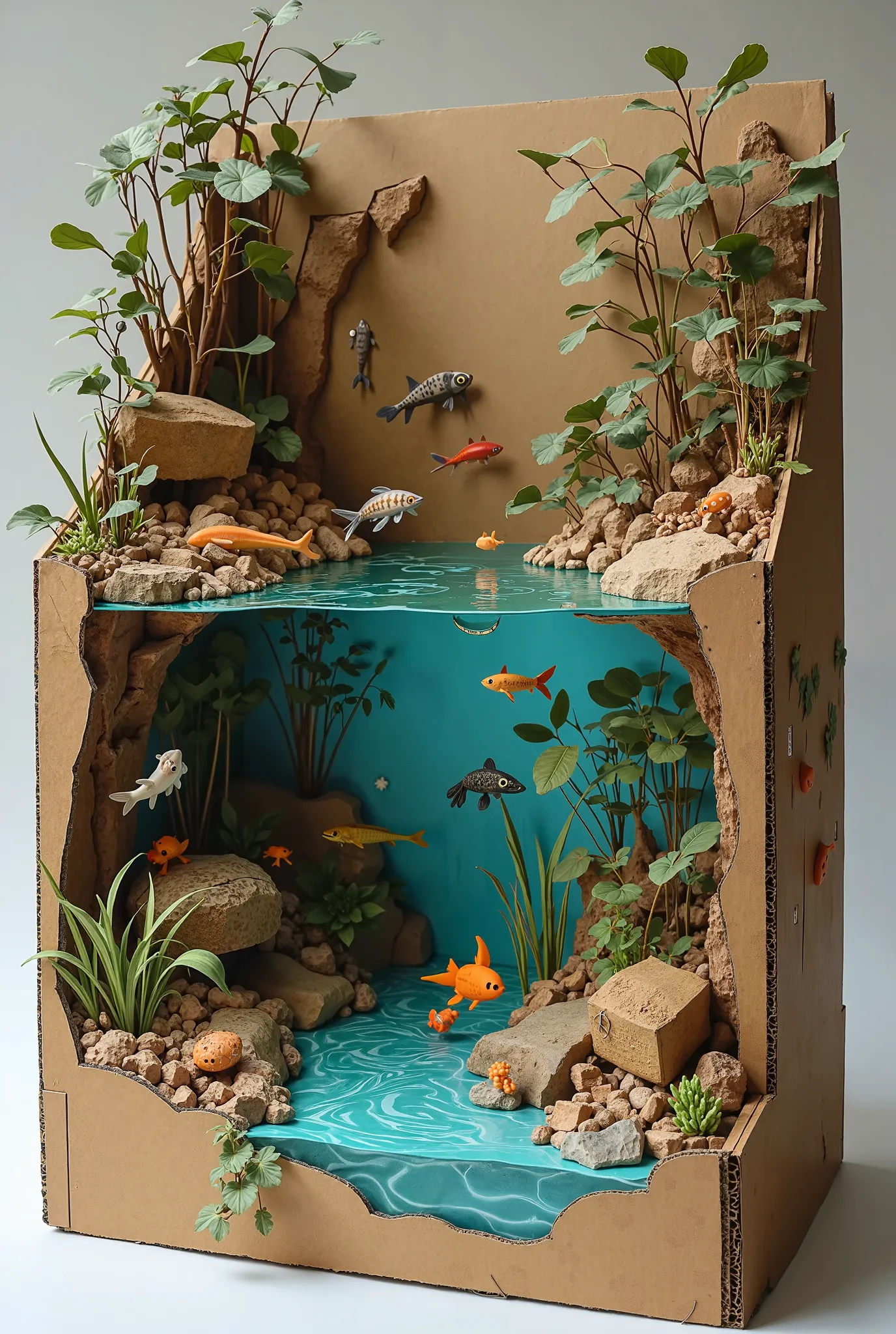 Freshwater ecosystem model made from cardboard 