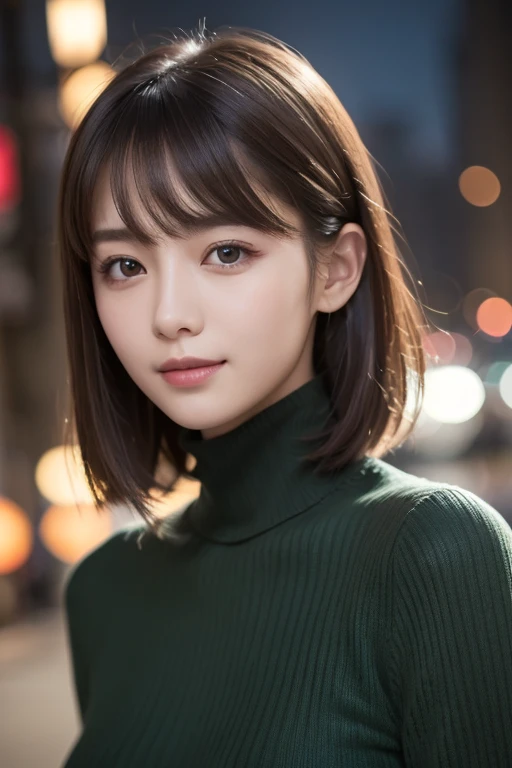 one 19 year old girl, (Dark green turtleneck thin sweater), Raw photo, highest quality, photorealistic, very delicate and beautiful, very detailed, 8K wallpaper, High resolution, soft light, very detailed目と顔, beautifully detailed nose, detailed and beautif...