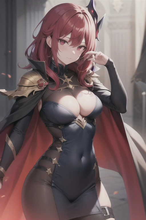 >Lora:Phantoma/HellsAngelsLora:Phantoma<, golden mask, blood red hair, blood red eyes, dark blue navy cape, golden, three spike shouders, particular outfit