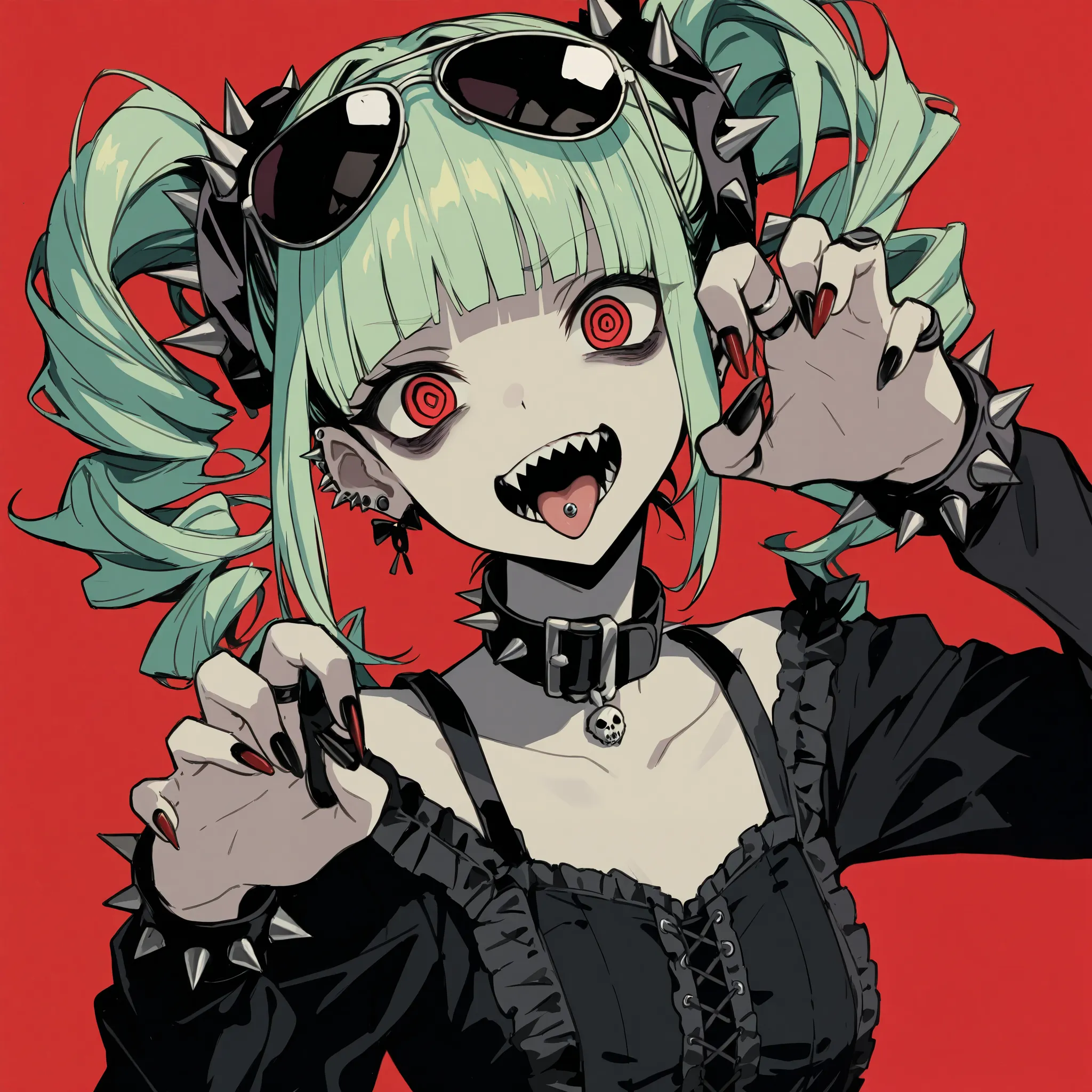 ultra detailed illustration of 1girl in gothic punk fashion, limegreen hair, twin drills, blunt bangs, red eyes, crazy eyes, spiral eyes, bags under eyes, pale skin, claw pose, red manicured nails, sharp teeth, open mouth, tongue out, tongue piercing, spik...