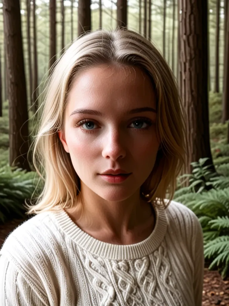 closeup headshot of S215_LilyaBraun,a beautiful woman,in a (forest:1.1),wearing a (sweater:1.1),(8k, RAW photo, best quality, depth of field, ultra high res:1.2),(absurdres, intricate, photorealistic, masterpiece, ultra-detailed:1.3),