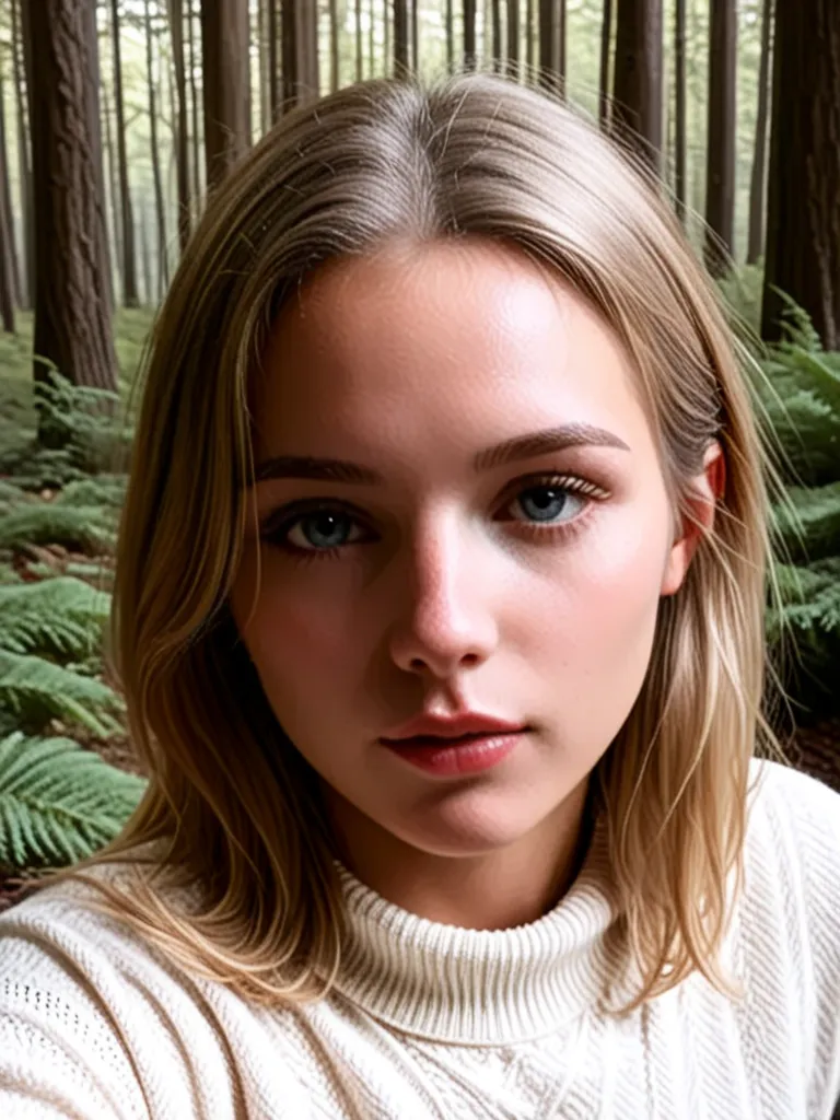 closeup headshot of S215_LilyaBraun,a beautiful woman,in a (forest:1.1),wearing a (sweater:1.1),(8k, RAW photo, best quality, depth of field, ultra high res:1.2),(absurdres, intricate, photorealistic, masterpiece, ultra-detailed:1.3),