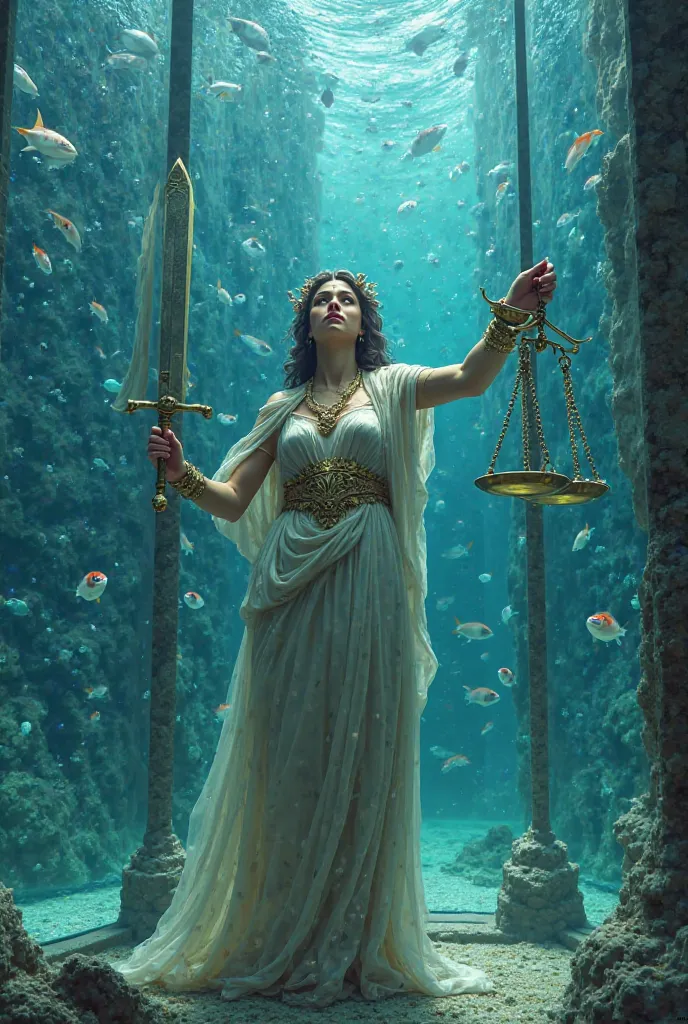 Goddess of justice with scales and sword
A woman painting female eyes on a canvas of aquariums. 