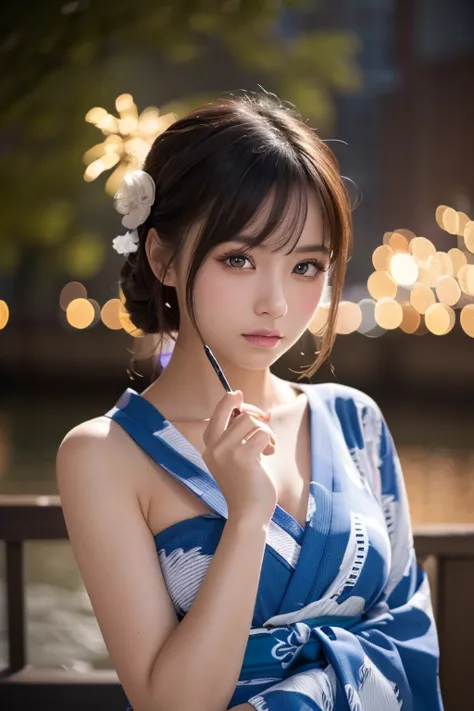 ((Masterpiece, top quality, Ultra Fine, high definition )), Alone, beautiful girl , Eyeliner, perfect eyes, , blue theme, yukata, firework